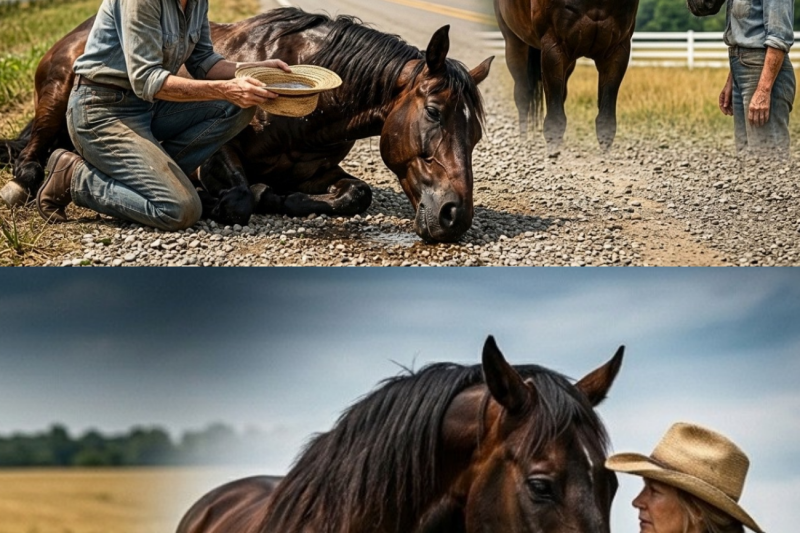 WIDOW GIVES WATER TO A DYING STALLION ON THE ROAD WHAT THE HORSE DOES NEXT IS SHOCKING