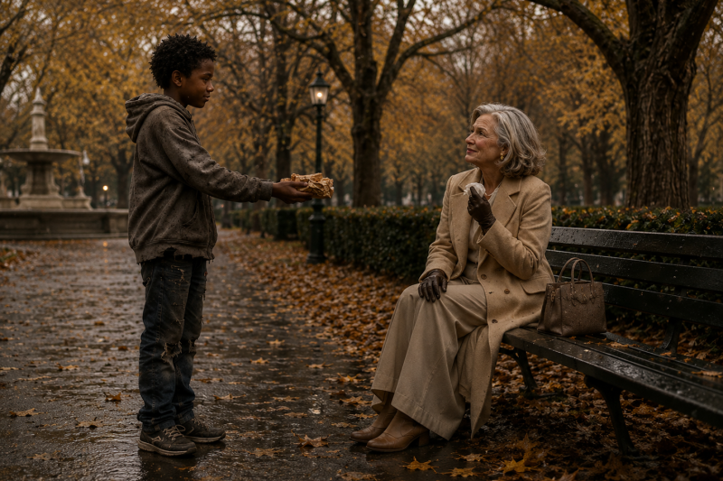 Street Boy Gives His Only Meal to a Crying Woman on a Park Bench — Unaware She’s a Billionaire.