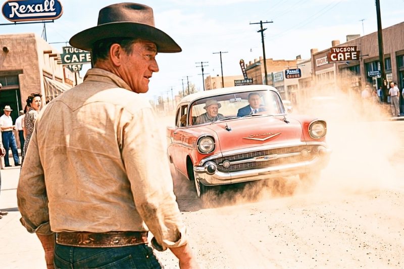John Wayne stood in front of a moving car in Tucson in 1958; the man inside…
