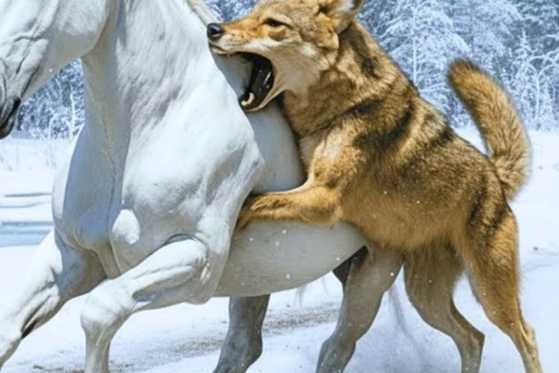 White Arabian Horse in Desperate Escape from Coyote in the Snowy Lands–What Happens Next Is Shocking