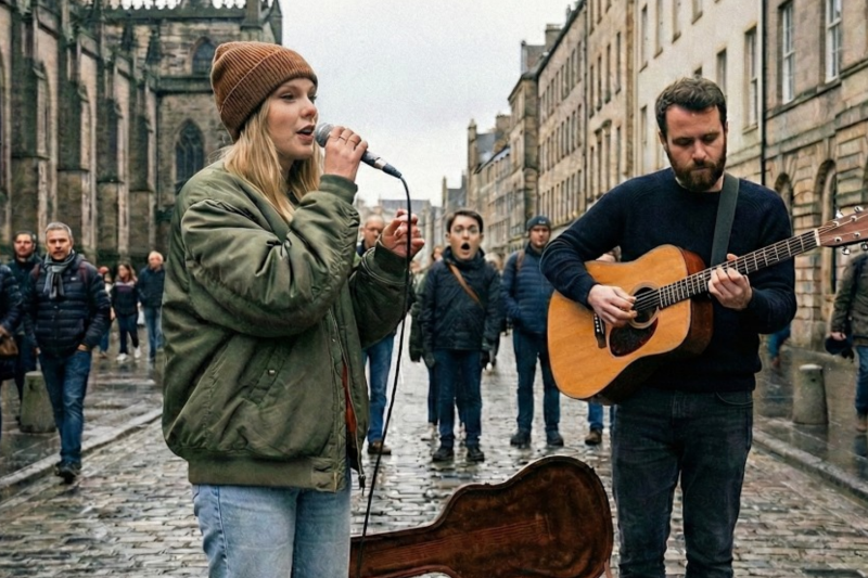 Taylor Swift Joins Broke Street Musician in the Rain — The Crowd Has No Idea Who She Is