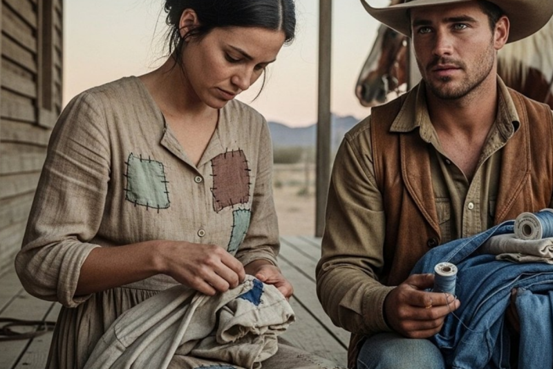 A Woman Was Patching Clothes Under Moonlight, The Cowboy Brought Fabric And Stitched His Commitment