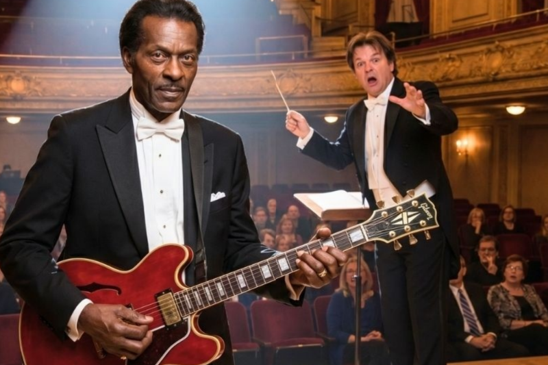 The orchestra mocked, challenged, and surprised conductor Chuck Berry with his appearance.