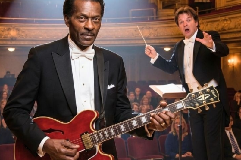 The orchestra mocked, challenged, and surprised conductor Chuck Berry with his appearance.