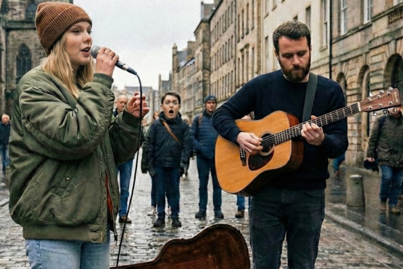 Taylor Swift Joins Broke Street Musician in the Rain — The Crowd Has No Idea Who She Is